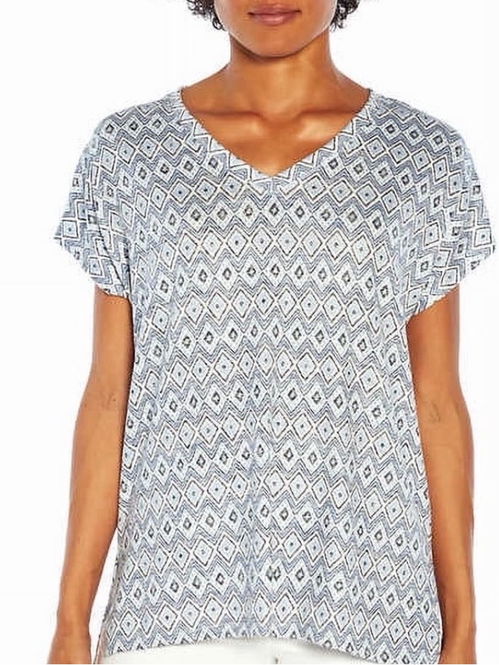 Orvis White And Blue Geometric V-Neck Tunic